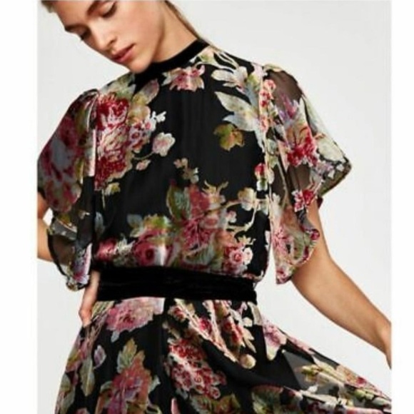 ❄️Winter 50% Sale! Zara Velvet Burnout Devore Mini Dress w/ Waist and Neck Tie - Picture 3 of 5